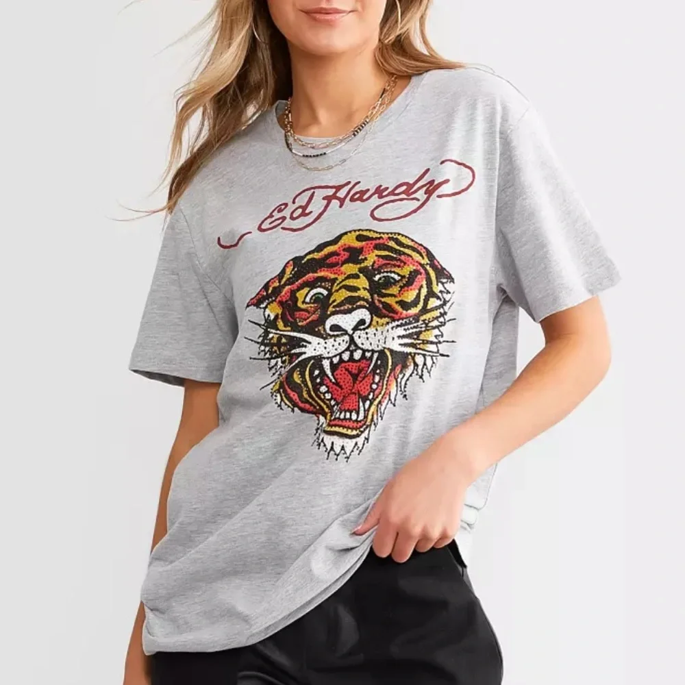 NEW🐯Ed Hardy RetroRHINESTONE TIGER TEE By Christian Audigier grey Unisex - Picture 2 of 7